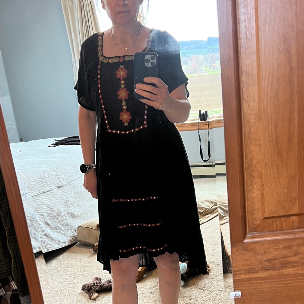 Vintage Free People Black Embroidered Midi Dress open back